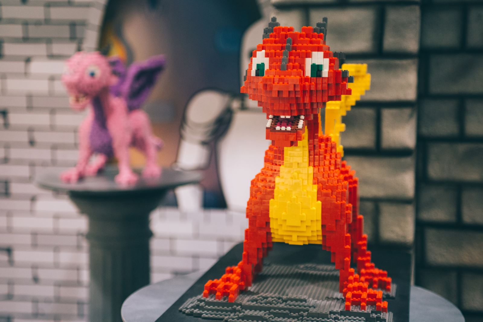 Red dragon model made from brick pieces